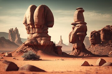 Canvas Print - stone sculptures on desert red rock formations background, created with generative ai