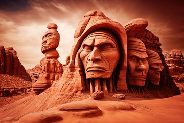 Canvas Print - stone sculptures on desert red rock formations background, created with generative ai