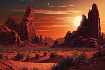 Canvas Print - beautiful tinted sunset and red rock formations, created with generative ai