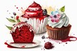 festive dessert in form of muffins and red velvet cake on white background, created with generative ai