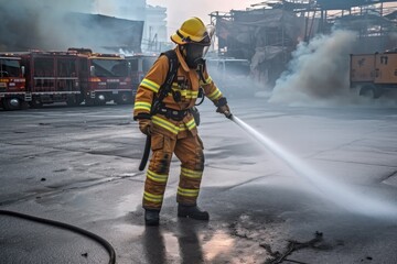 Sticker - Firefighter using extinguisher or Twirl water fog type fire extinguisher to spray water from hose for fire fighting with fire flame on fuel and control fire for safety in plant of industrial area