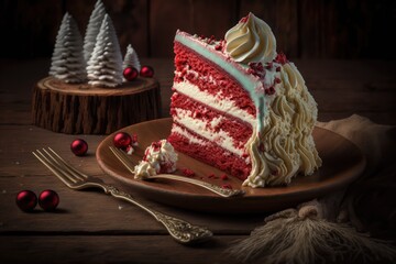 Sticker - traditional christmas dessert with cream red velvet cake on wooden background, created with generative ai