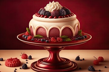 Sticker - round creamy red velvet cake with cream and berries on pedestal, created with generative ai