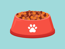 Animal Bowl Plate With Food Dog And Cat. Flat Bowl Food Biscuit Isolated Dish Plastic Red Cartoon Icon.