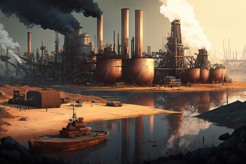 Wall Mural - view of industrial port with oil tankers against background of smoking factory district with refinery complex, created with generative ai