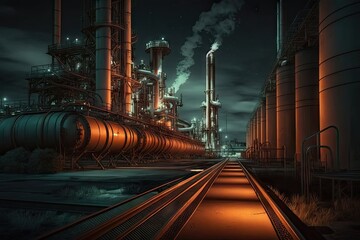 Poster - oil pipelines at night in area of factory and refinery complex, created with generative ai