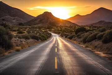 Canvas Print - asphalt road leading to a mountain at dusk. beautiful landscape scene traveling idea. Generative AI