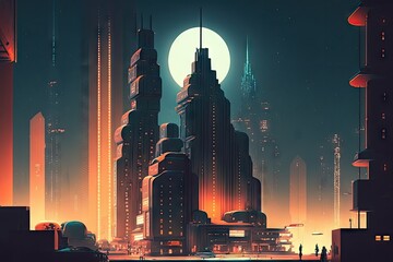 bright night lights and modern buildings in cityscape of designer future retro city landscape, created with generative ai