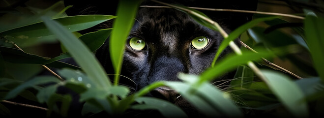 Wall Mural - Front view of Panther in jungle leaves. Eyes of panther. animal wildlife. Predator series. digital art	