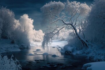 Canvas Print - frozen landscape of winter with frozen trees and river in ice, created with generative ai