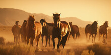Wild Mustangs Running In The Desert On A Sunny Day