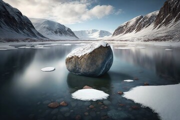 Canvas Print - large rock in middle of lake surrounded by ice and snow river in ice, created with generative ai