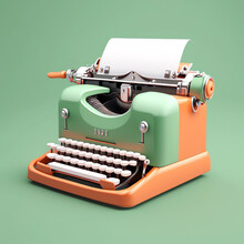 Retro 3d Typewriter With Blank Paper On Light Green Background. AI Generative Concept For Writing, Copywriting, Creating Content, Blog Posts, Ads, Promo Materials, Storytelling. 