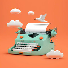 Retro 3d Typewriter With Blank Paper On Orange Background With Clouds And Bird. AI Generative Concept For Writing, Copywriting, Creating Content, Blog Posts, Ads, Promo Materials, Storytelling