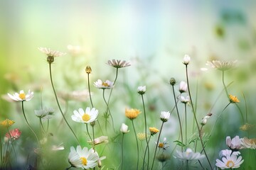 Wall Mural - Multicolored cosmos flowers in meadow in spring summer nature against blue sky. Selective soft focus. ai generative.