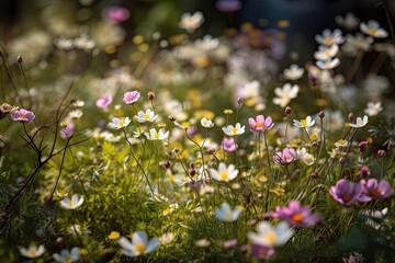 Wall Mural - Multicolor Cosmos flower blooming in spring-summer in the field under sunshine. Selective focus. ai generative.