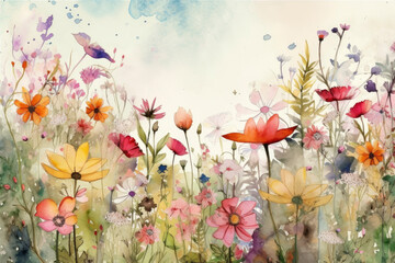 close up background of multicolored cosmos flowers watercolors. ai generative.