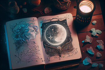 Journal your dreams: self-care essentials on dark paper with moonlight. - Generative Ai