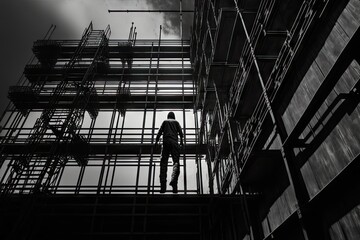 Wall Mural - man climbing on scaffolding near building, created with generative ai