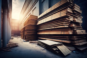 Sticker - stacks of wooden planks for construction scaffolding near building, created with generative ai