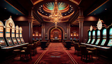 Luxury Casino Interior With Lots Of Slot Machines. Generative AI