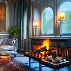 Wall Mural - A cozy living room with a fire burning in the fireplace and a comfortable sofa2, Generative AI