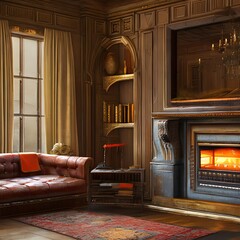 Wall Mural - An old, traditional living room with a fireplace and worn furniture2, Generative AI