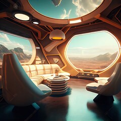 Canvas Print - futuristic space station sci-fi futuristic interior with comfortable sofas and tables, created with generative ai