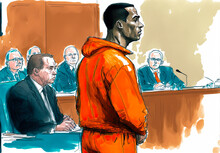 African American Prisoner In Orange Jumpsuit, Courtroom Sketch. Generative AI