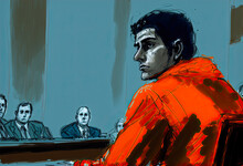 Prisoner In Orange Jumpsuit, Courtroom Sketch. Generative AI