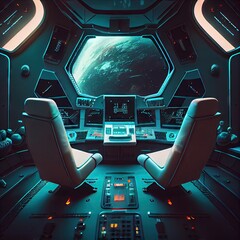 Canvas Print - futuristic sci-fi futuristic interior of spaceship control panel with sunken chairs, created with generative ai