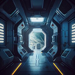 Sticker - corridor of futuristic space station with sci-fi futuristic interior, created with generative ai