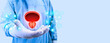 Bladder and prostate in the doctor's hand, HTA. Prostate cancer, bladder cancer, men's health care. Modern digital medicine in urology. Isolated on light blue background.