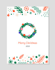 Wall Mural - Christmas scandi minimalistic banner. Wreath with red garland and colorful balls. Wreaths and snowflakes. Template, layout and mock up. Decor and ornament element. Cartoon flat vector illustration