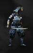 3d Illustration of a samurai wearing blue and green armor holding a katana sword in each hand with clipping path. Samurai concept.
