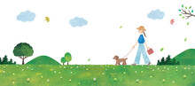 犬の散歩をする女性と草原の風景水彩画