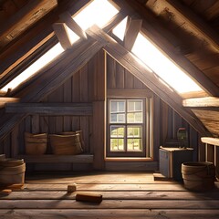 Wall Mural - An old, rustic attic with exposed beams and a single window2, Generative AI