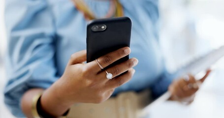 Aufkleber - Hands, business phone and typing in office, texting or social media in workplace. Technology, cellphone and black woman with mobile smartphone for web messaging, networking and internet browsing.