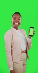 Canvas Print - Phone green screen and woman pointing isolated on studio background, tracking marker and thumbs up for business website. African person show like hands and smartphone, mobile app and chromakey mockup