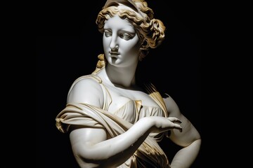 ancient greek and roman marcle statue of a woman wearing a fabric from antiquity on a black backgrou