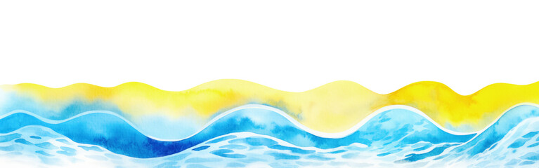 Wall Mural - Sunny ocean wave with copy space for text, Blue and yellow. Abstract sea wave, sun, beach in blue, white, yellow. Png, isolated, transparent banner or background for travel Graphic.