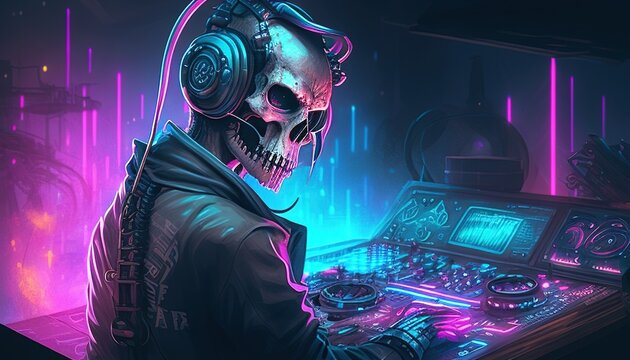 cyberpunk skull DJ digital art illustration, Generative AI