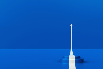 Wall Mural - Front view of white arrow climbing up over a podium on blue background. Business concept of goals, success, ambition, achievement and challenges, 3D rendering