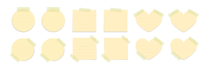 Yellow sticky note illustration set. Taped office memo paper template mockup.
