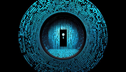Wall Mural - blue keyhole icon form blue binary tunnel. computer security concept. with generative ai technology