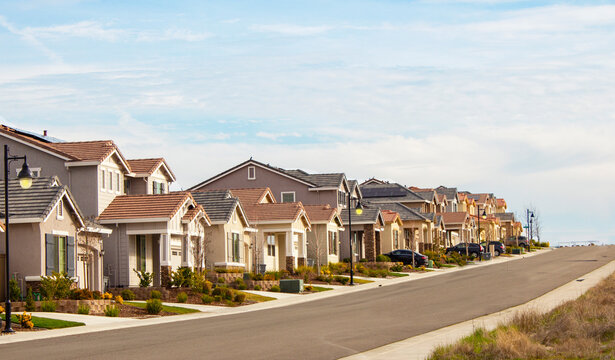 long row of suburban homes in california