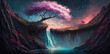 Spring cherry tree with delicate pink blossoms and petals growing on rocky cliff island with waterfalls, season of renewal and growth, cloudy otherworldly fantasy world background - Generative AI.	
