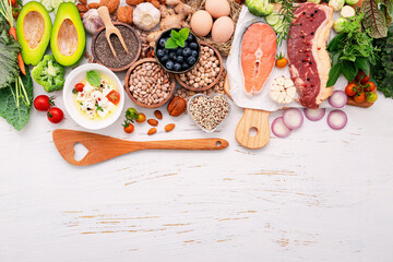 Wall Mural - Ketogenic low carbs diet concept. Ingredients for healthy foods selection set up on white wooden background.