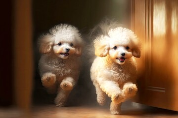 Wall Mural - running out from behind door cute fluffy puy little poodles on blurry background, created with generative ai