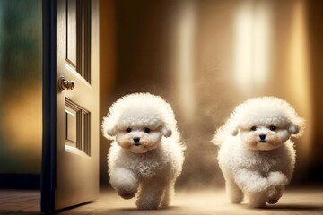 Wall Mural - running out from behind door cute fluffy puy little poodles on blurry background, created with generative ai